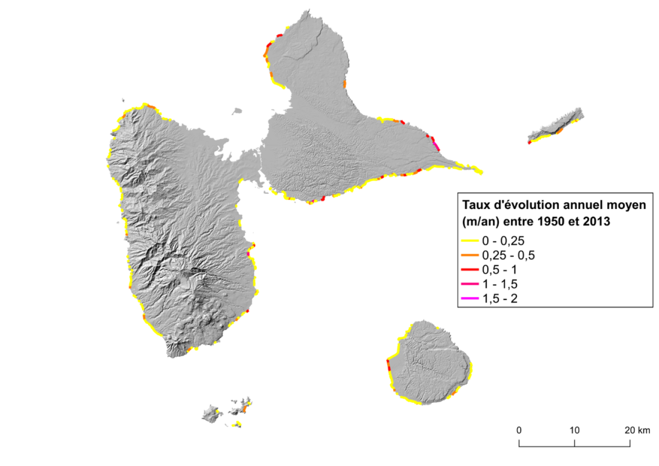 Tendance d'évolution moyenne des côtes basse meubles (hors côtes rocheuses et mangroves) depuis 1950 