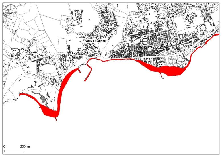 Exemple de la cartographie de l'aléa recul du trait de côte à échéance 100 ans sur la commune de Sainte-Anne
BRGM
Exemple de la cartographie de l'aléa recul du trait de côte à échéance 100 ans sur la commune de Sainte-Anne