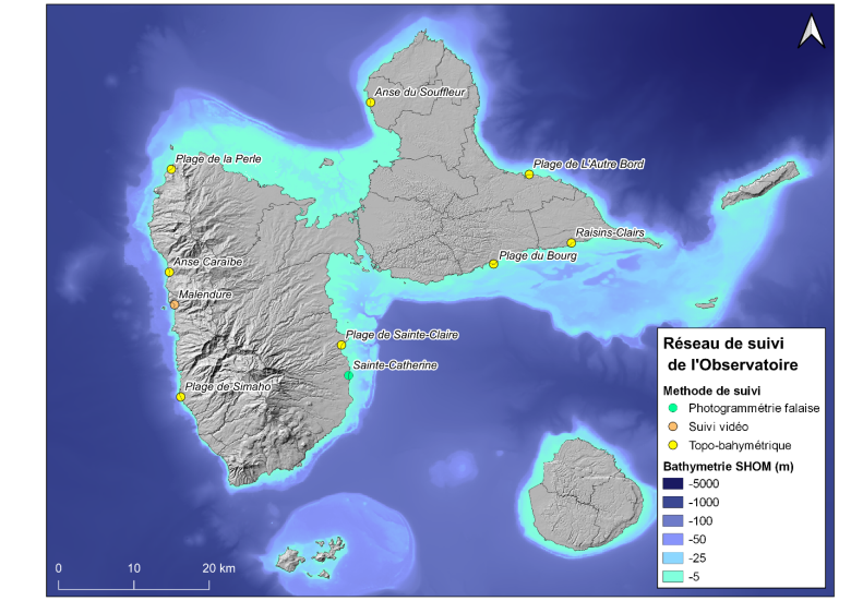Carte de situation du réseau de suivi de l'Observatoire du littoral des îles de Guadeloupe